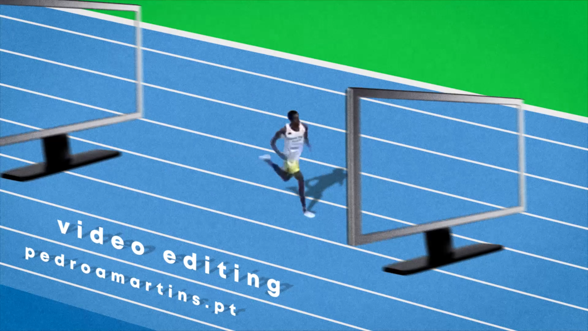 Um atleta está a correr numa pista azul. Em vez de ter barreiras para saltar, o atleta tem uma série de monitores de computador sem fundo. No canto inferior esquerdo da imagem está escrito "video editing"  e em baixo "pedroamartins.pt".